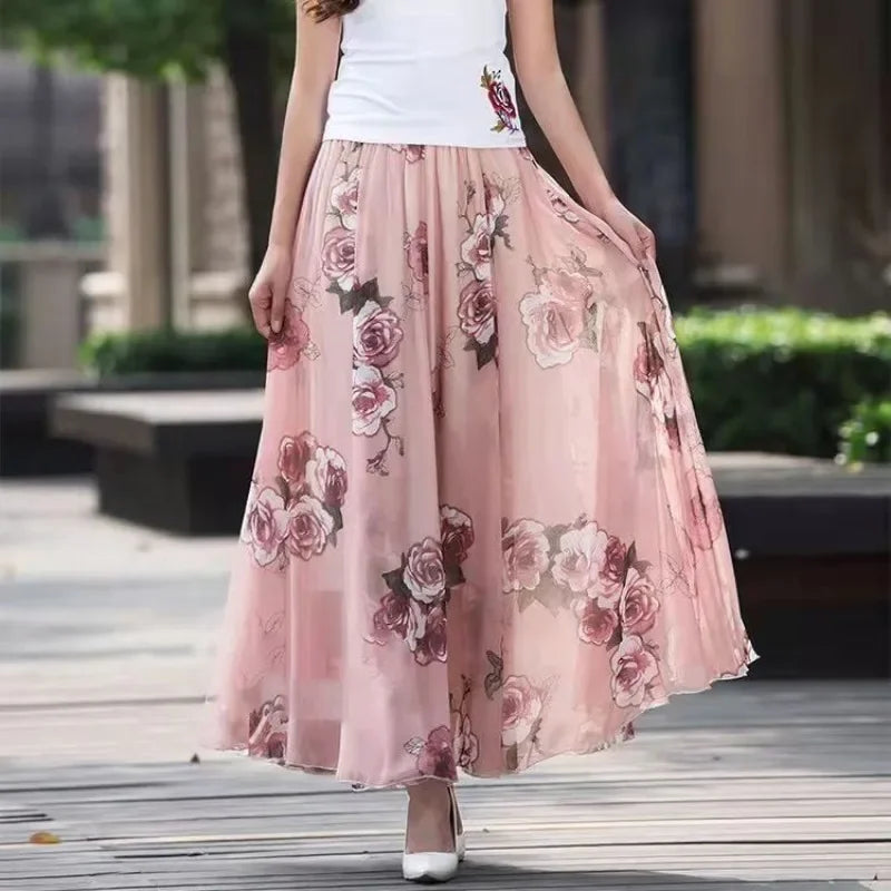 Chiffon Skirts Ink Painting Print Spring Summer Floral Long Ski...