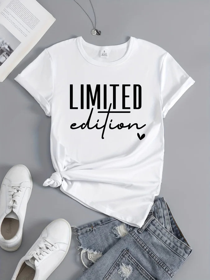 Women's Fashion T-Shirt Casual Limited Edition Graphic Tee Fashionable Letter Urban Style Print Women'S Round Neck T-Shirt