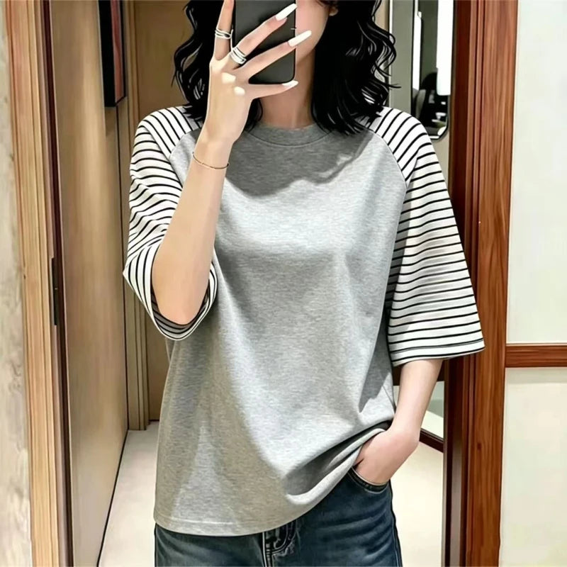 Vintage Striped Contrast Patchwork Half Sleeve Tops Summer New O-neck All-match Casual T Shirts Trend Fashion Women Clothing