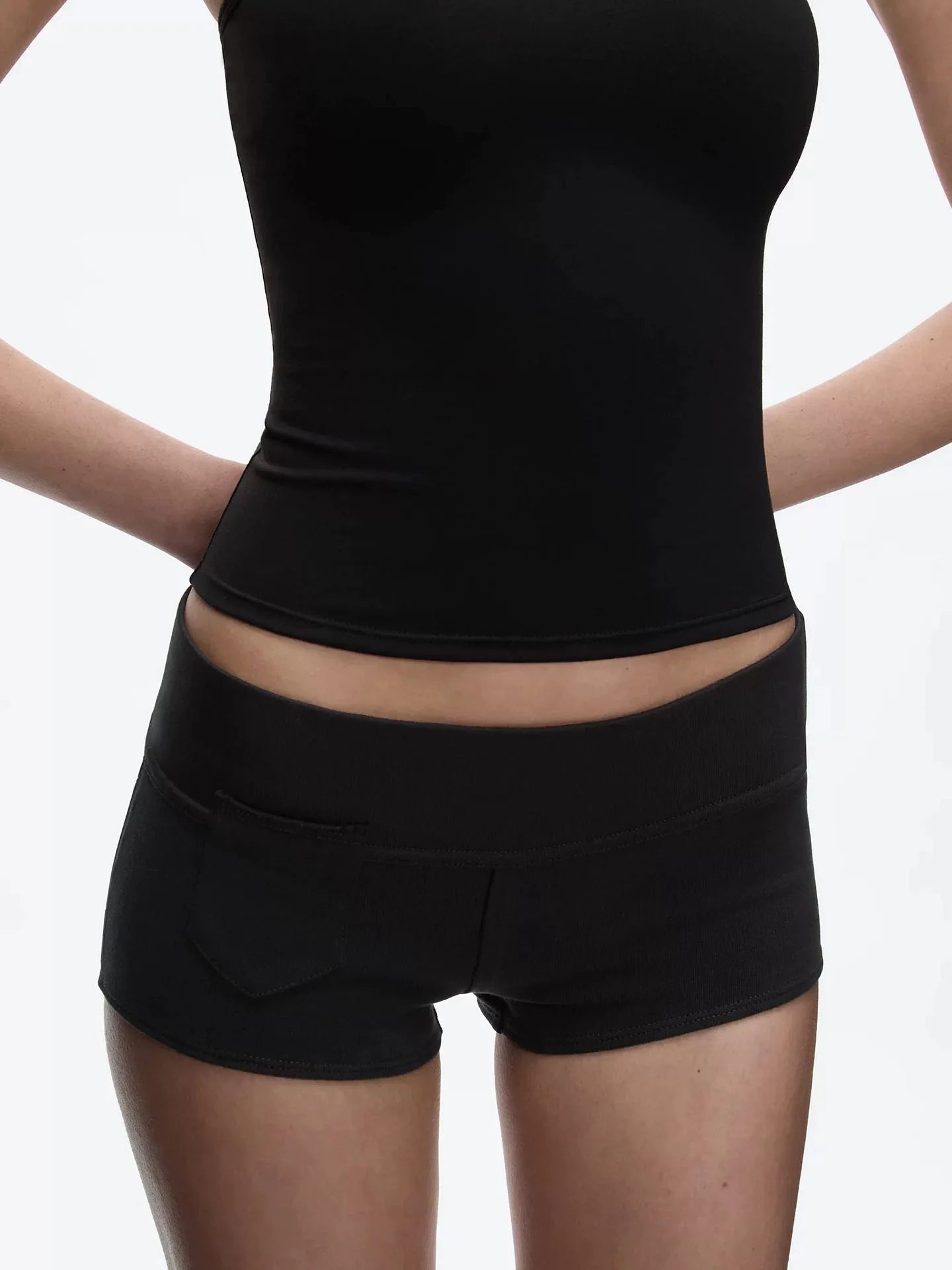 Tank gray low-waisted tight shorts black wide waist elastic waist design vertical cut pocket shorts