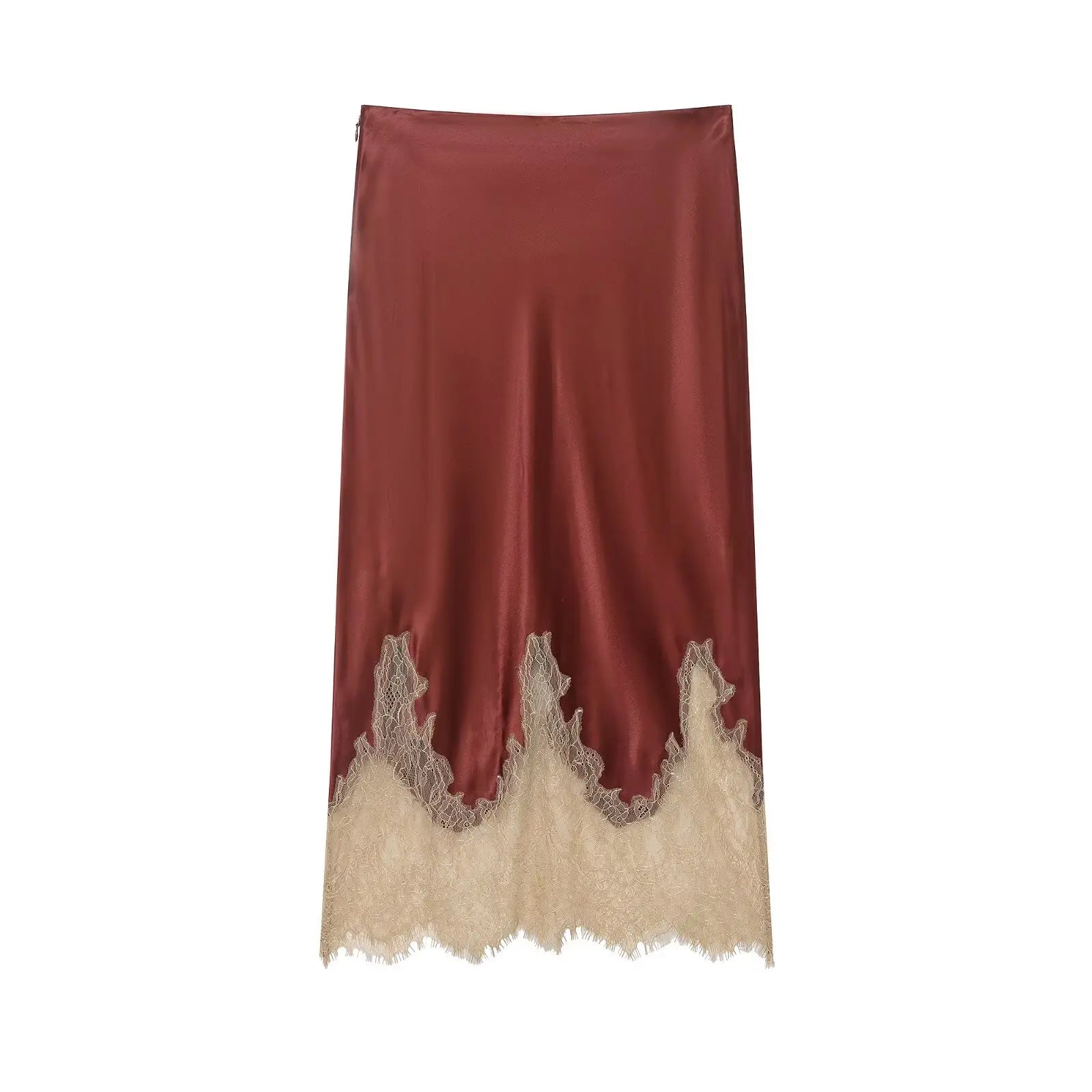 HH Women Lace Patchwork Midi Skirt Slim High Waist Satin Skirts Summer Trend Woman Elegant Evening Party Chic Skirts ﻿Mujer