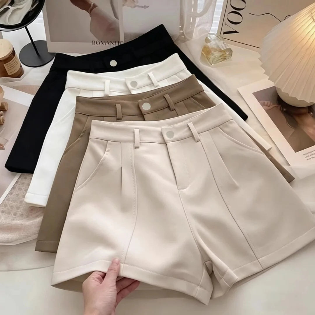 Plus Size Casual Women A-Line Shorts Chic Office Lady Commute Vintage Solid High Waist Short Pants Streetwear Summer Trousers