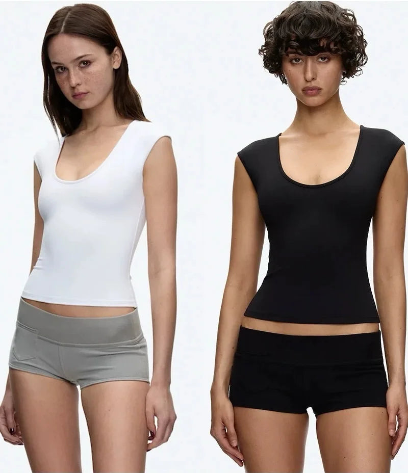 Tank gray low-waisted tight shorts black wide waist elastic waist design vertical cut pocket shorts