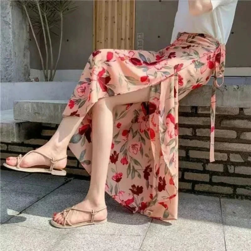 Women Floral Print Chiffon Skirt Beach Bikini Cover Up Wrap Scarf Swimwear Pareo Sarong Dress Solid Ruffle Casual Beach Dress