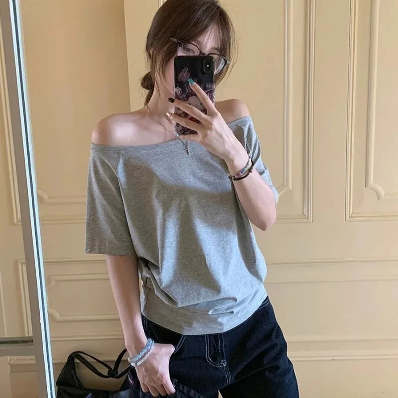T-shirts Women Niche Design Off Shoulder Solid Short Sleeve Sum...