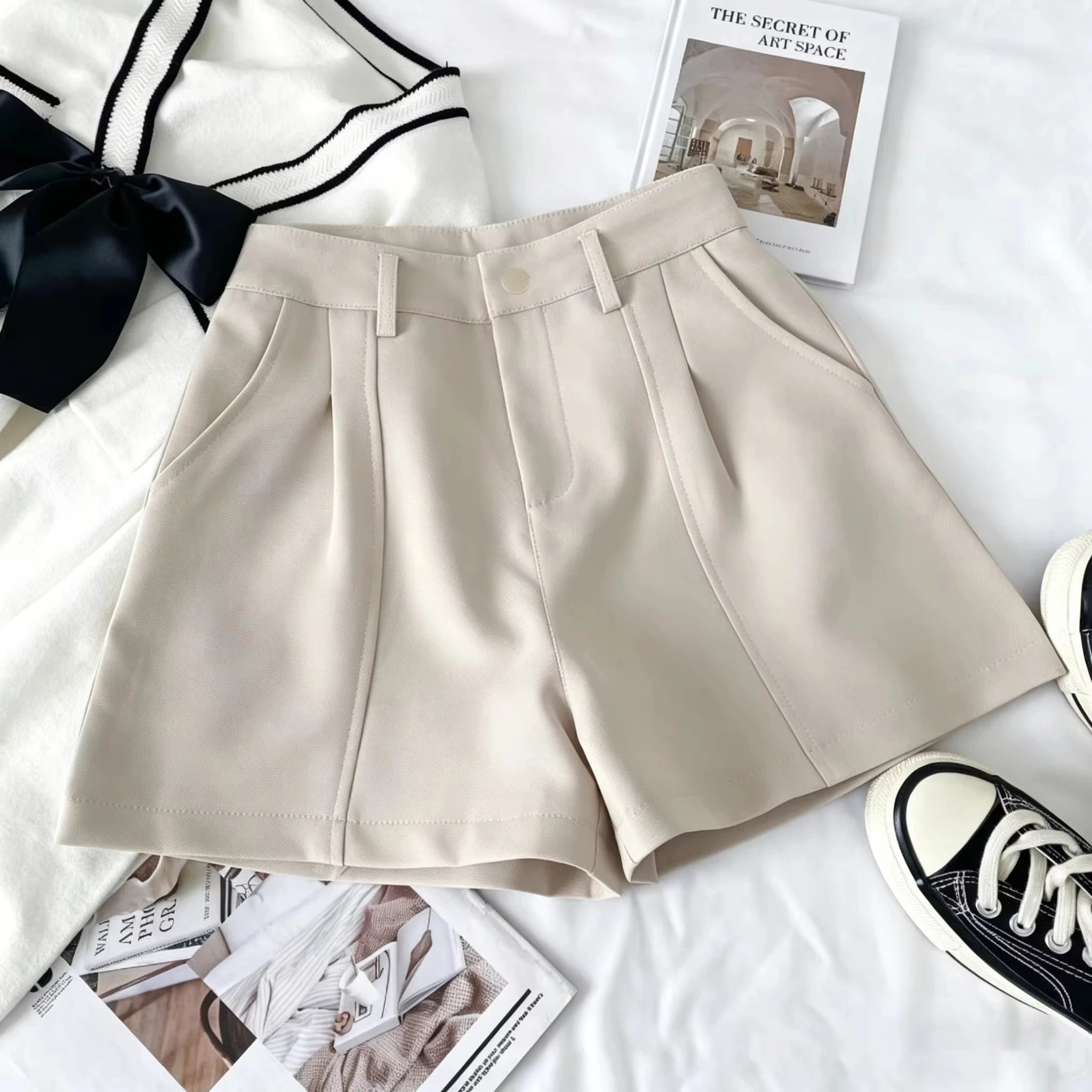 Plus Size Casual Women A-Line Shorts Chic Office Lady Commute Vintage Solid High Waist Short Pants Streetwear Summer Trousers