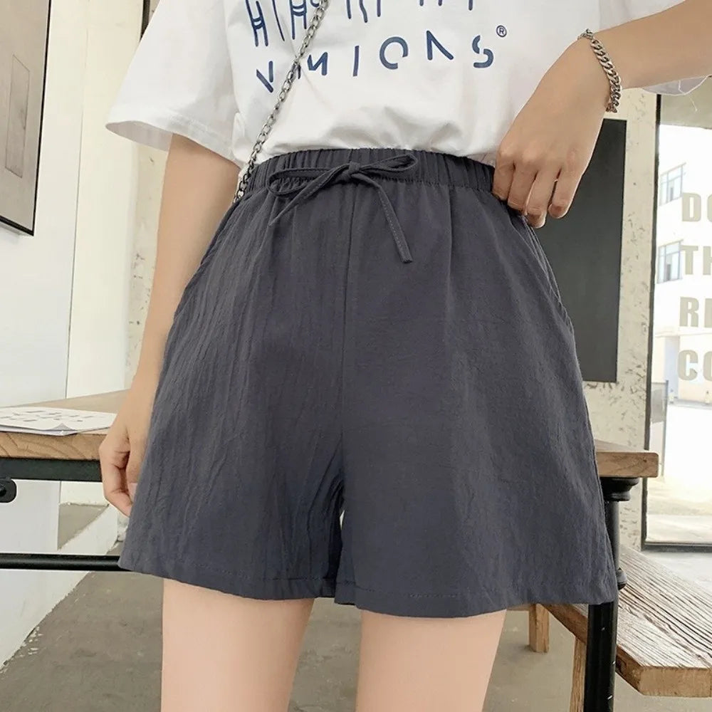 Breathable High Waist Cotton Linen Shorts Wide Leg Loose Women Shorts a-Line Workout Shorts Summer