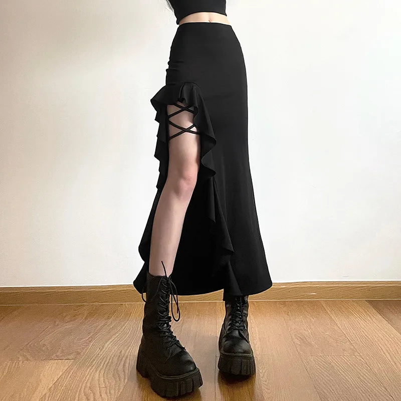 Women Spring Autumn Lace-up Slit Skirt Female Sexy Slim Wrap Hips Asymmetrical Skirts New Style Fashion Ankle-Length Midskirts