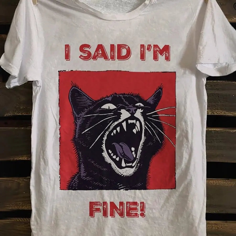 Women's Y2K Streetwear T-Shirt Cotton Black Cat Print and I SAID I'M FINE! Slogan White Casual Short Sleeve Round Neck Tee
