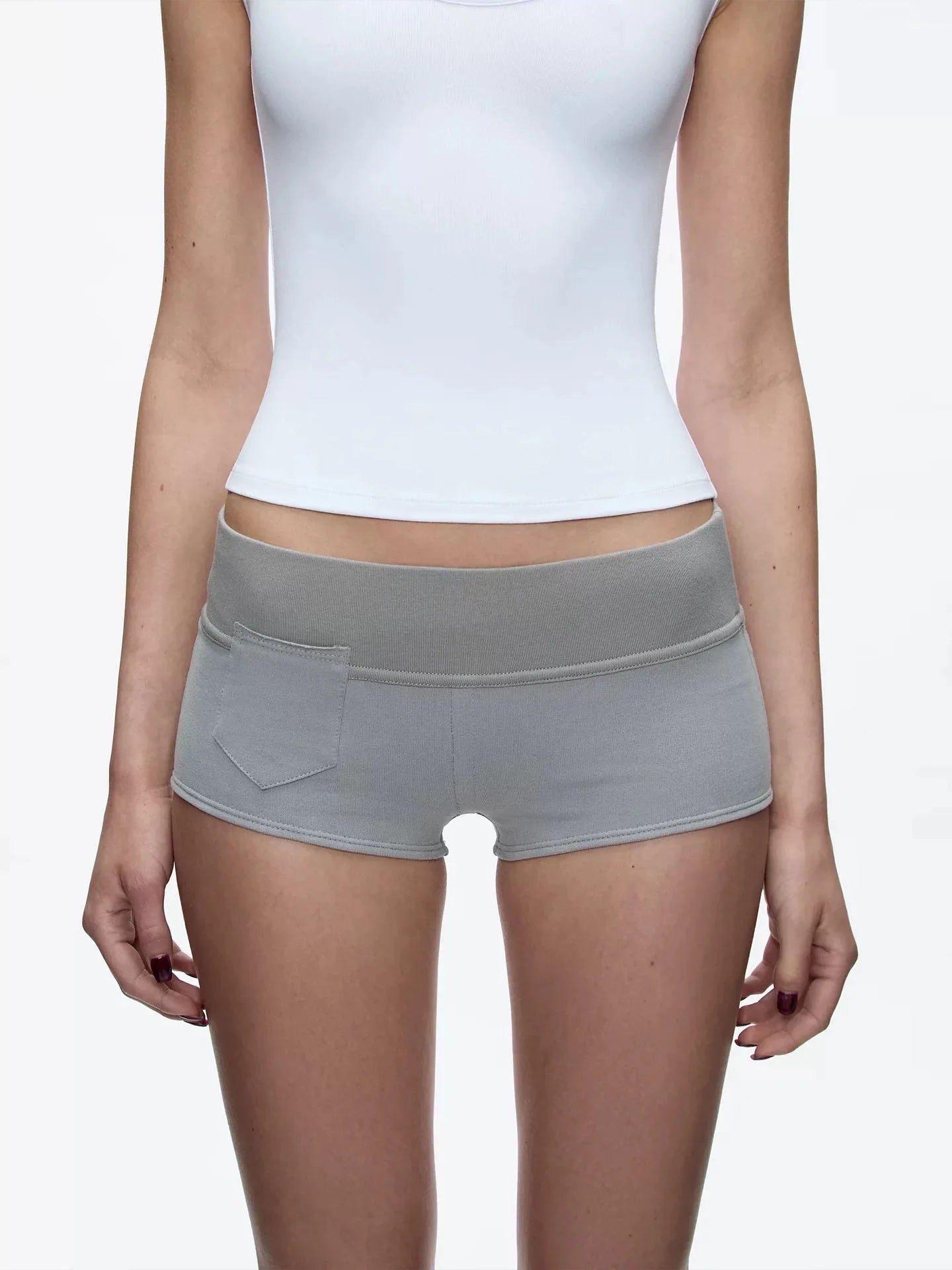 Tank gray low-waisted tight shorts black wide waist elastic waist design vertical cut pocket shorts