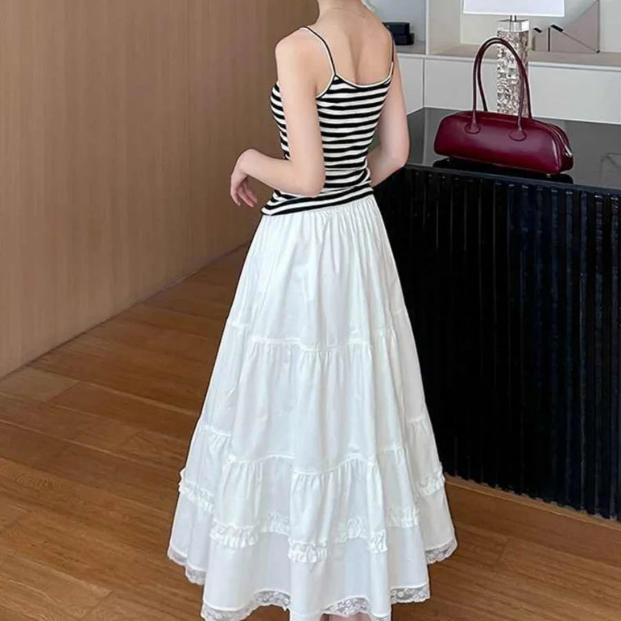 Korean Chic Lace Patchwork Long Skirt Women Summer High Waist A Line White Cake Skirts Woman All Match Midi Skirt Female Basics