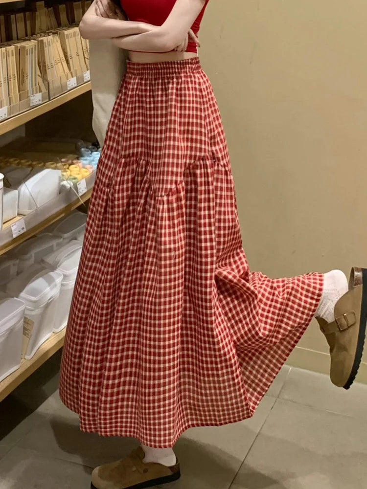 Women Sweet Plaid Long Skirt Summer Loose High Waist Vintage A...
