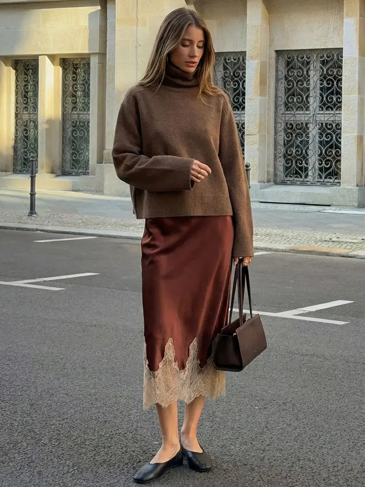 HH Women Lace Patchwork Midi Skirt Slim High Waist Satin Skirts...